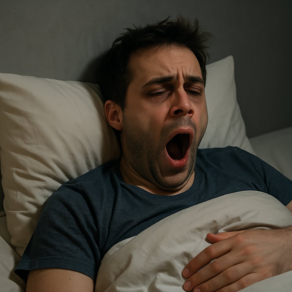 Homme allongé dans son lit bâillant et souffrant d’insomnie