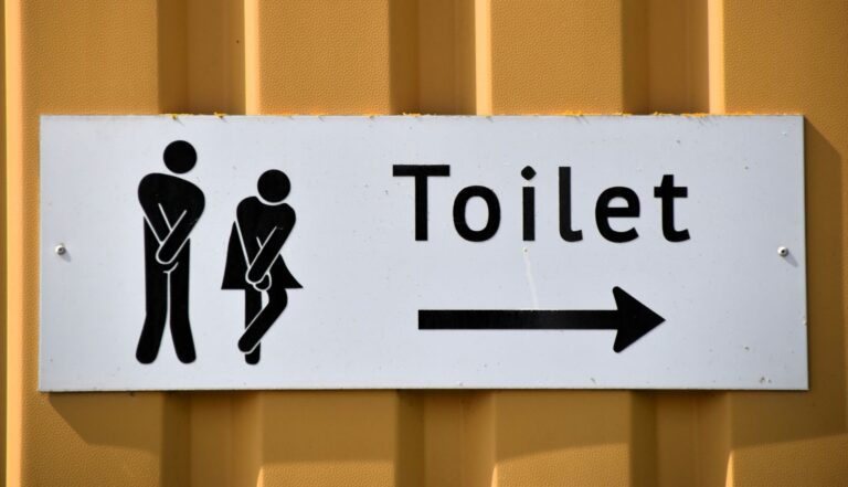 Panneau indiquant les toilettes avec pictogrammes d’urgence, symbole de diarrhée
